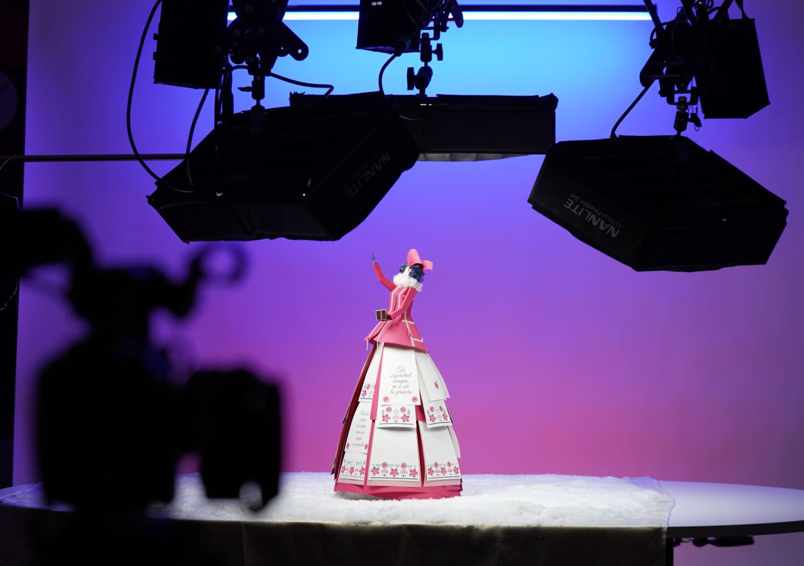 Grabación de vídeo de producto en estudio con iluminación profesional y figura de papercraft